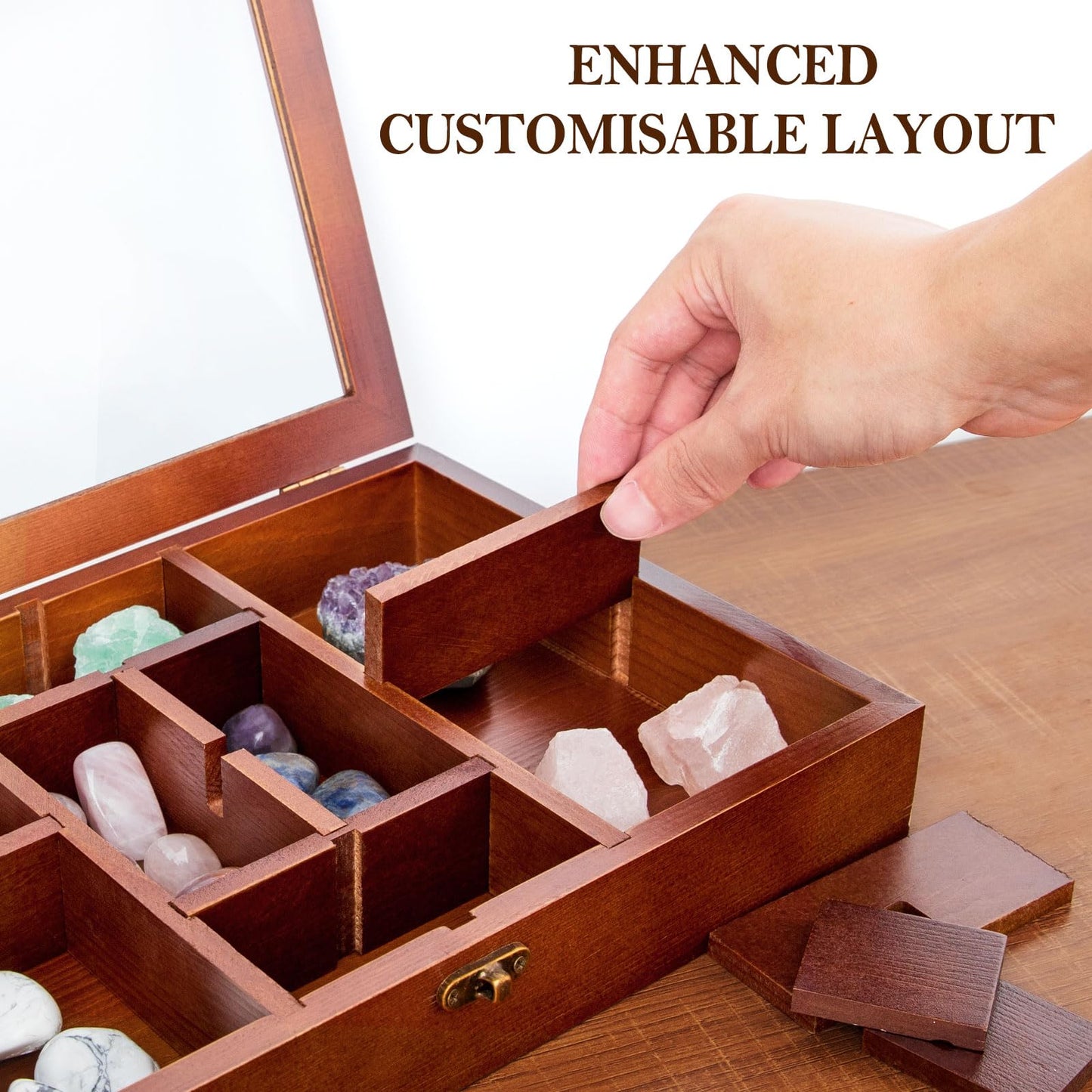 Mooncraftlogy Adjustable Rock Display Case, Crystal Collection Box with Shelves, Wood Witchy Stones Organizer Storage,Gem Holder with Lid for Seashell, Collectibles, Wiccan Gift (Brown)