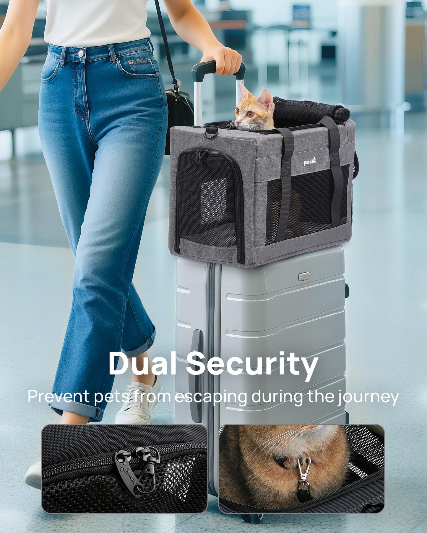 pecute® Cat Carrier Airline Approved, Extra Stable Cat Carrier Handbag, Portable Dog Carrier, Breathable Mesh Fabric Bag for Pets, Pet Carrier Suitable for Both Long And Short Trips Grey