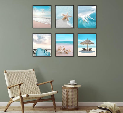6Pcs Blue Coastal Wall Art,Beach Poster Prints,Summer Ocean Surf Pictures,Seaside Nature Scenery Wall Decor for Living Room Bedroom 8x10-inch UNFRAMED