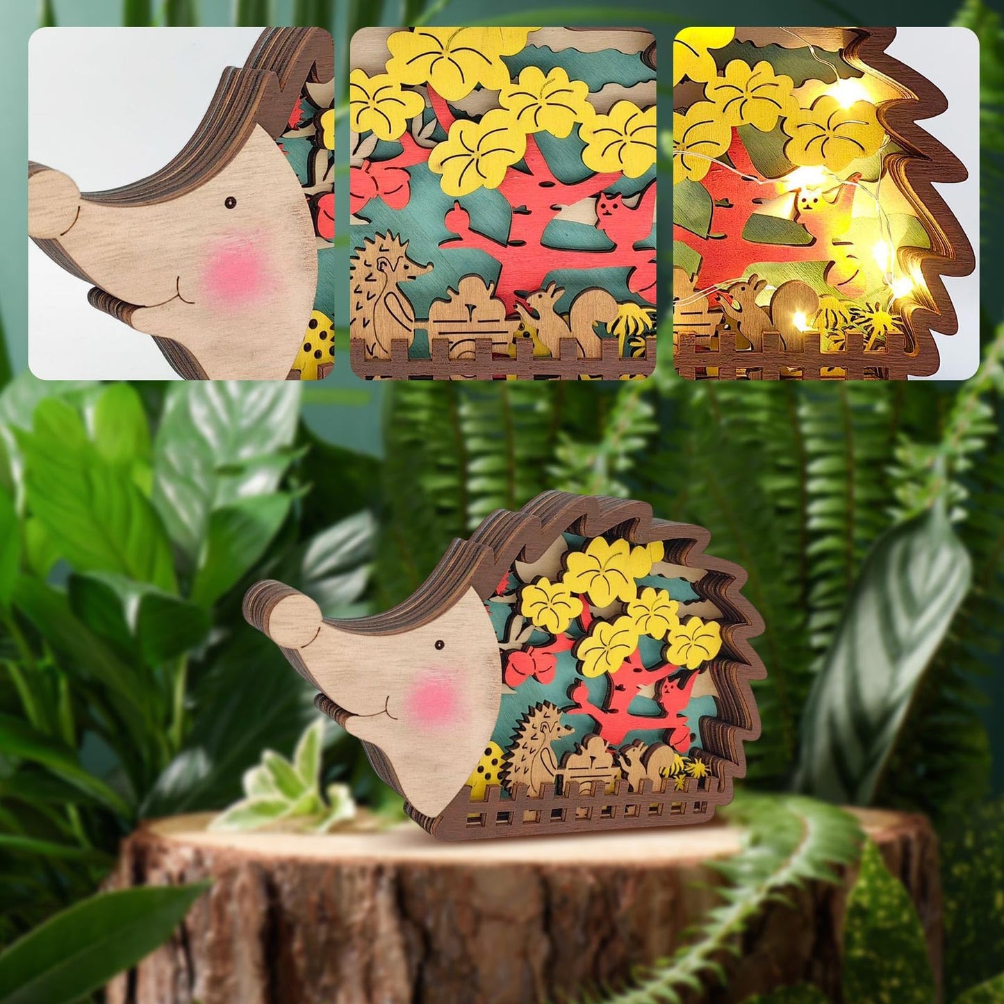 3D Wooden Carving Animals Lamp - Creative Fox Squirrel Wood Carved LED Night Light Garden Yard Wooden Animals Sculpture Ornaments Desktop Home Decor Birthday Gifts for Family Friend (Hedgehog)