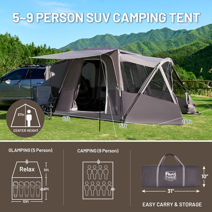 TIMBER RIDGE 5-9 Person SUV Tent with Screen Porch and Awning for Family Camping, Weather Resistant and Portable Van or Car Tent, Includes Rainfly and Storage Bag, 13' W X 10' L X 7.1' H, Tan
