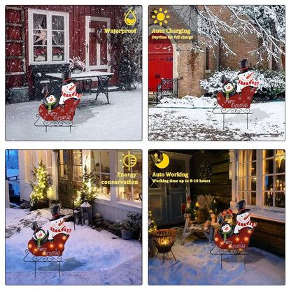 LIGHTSHINE Solar Metal Christmas Stakes Decor, Outdoor Christmas Decorations with Led Lights(2 Modes) for Porch, Lawn and Garden (Snowman and Penguin)