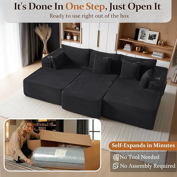 108" Cloud Sectional Couch, Comfort Sleep Sofa
