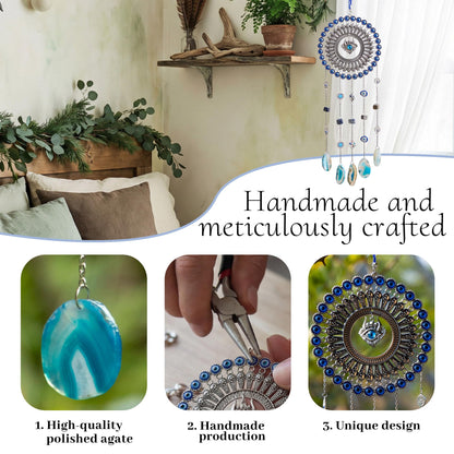Evil Eye Dream Catcher, Handmade Blue Agate Stone Catcher with Crystals, Protective Bohemian Wall Hanging Decor for Bedroom, Window, Garden - Unique Housewarming Gift for Friends and Family