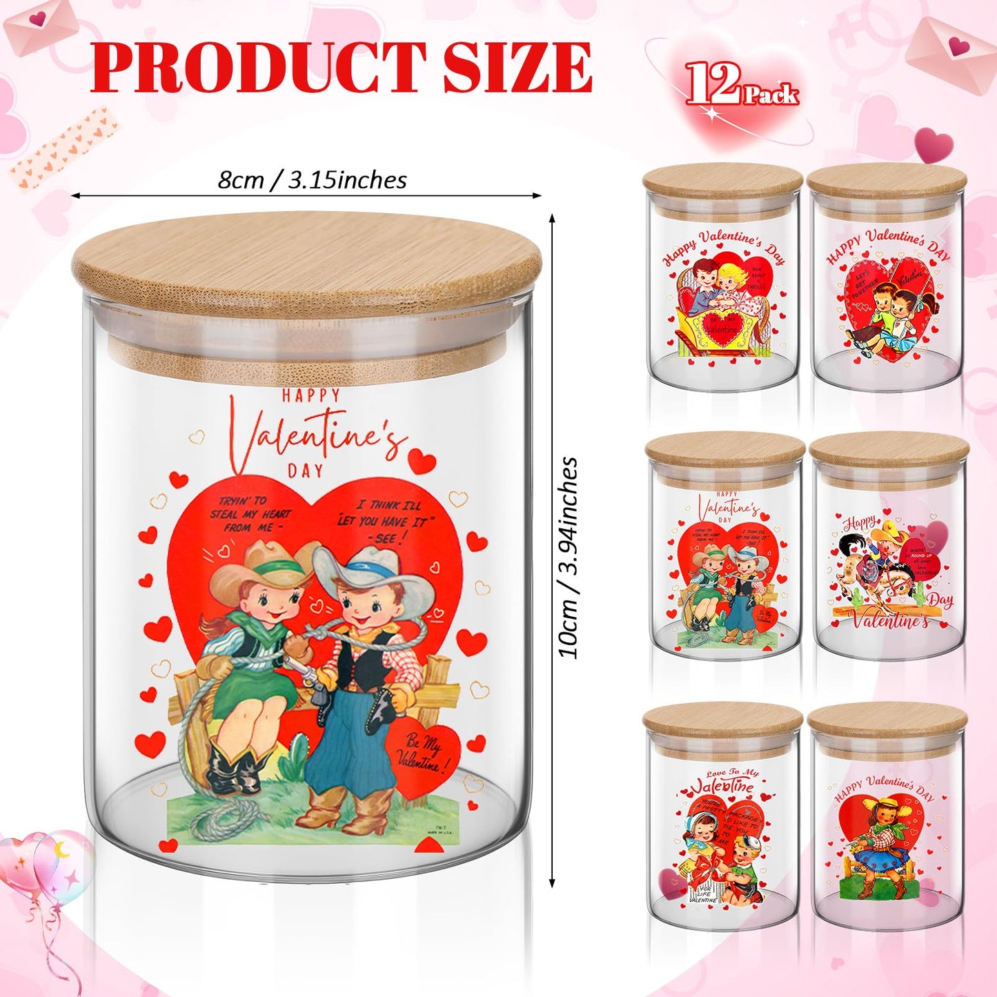 Yungyan 12 Set 17oz Glass Storage Jars with Airtight Lid Retro Vintage Candle Jars Containers Sets for Kitchen Candy Cookie Chocolate Tea, Sugar, Salt, Coffee(Valentine's Day)
