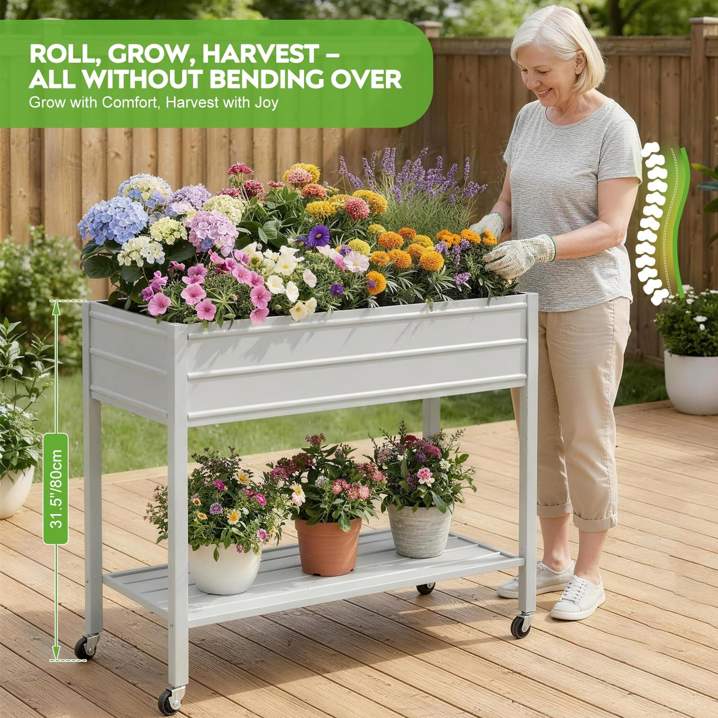 ZORMY 32" Tall Galvanized Raised Garden Bed with Legs Wheels & Shelf, Elevated Planter Box Outdoor for Vegetables, Herbs & Flowers, Patio & Backyard, Garden Bed with 400lb Capacity，Grey