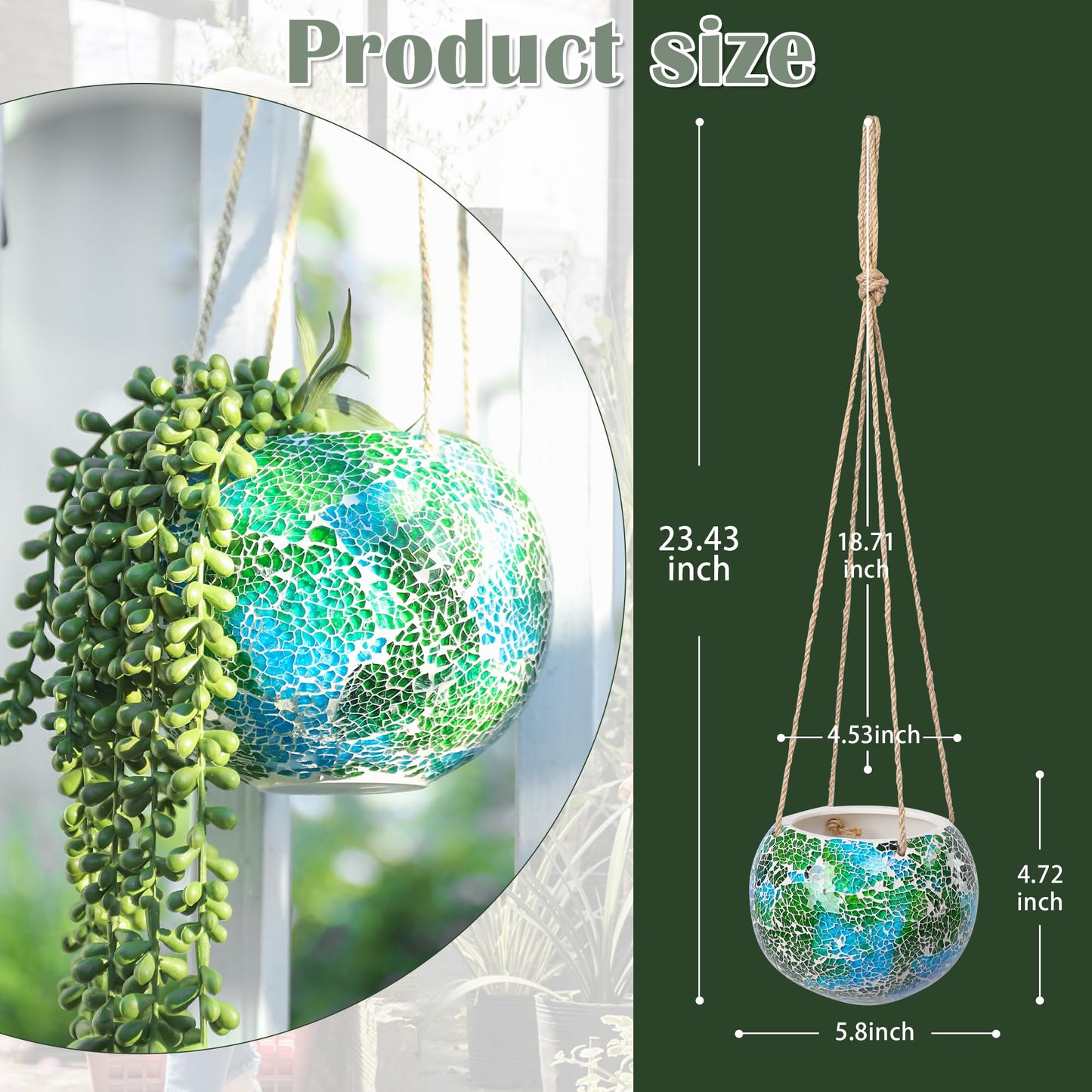 Chonsun Hanging Planter Mosaic Garden Pot Small Flower Pot for Indoor Plant Disco Ball Hanging Planter with Drainage Green
