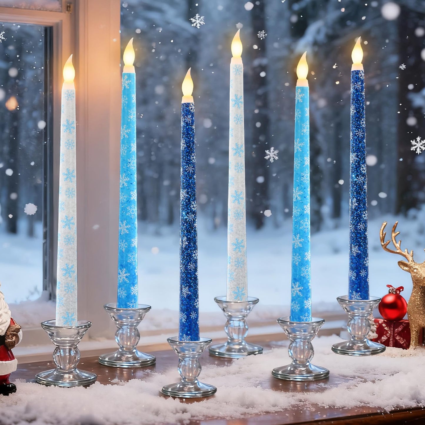 Kittmip 6 Pcs Snowflakes Wonderland Flameless Taper Candles 11 Inch Winter Battery Operated LED Candles Blue White Table Centerpiece for Christmas Xmas Holiday Party Decor