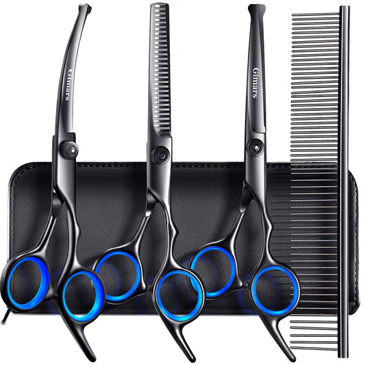 Gimars Dog Grooming Scissors Kit Professional 4CR with Safety Round Tip, 5 in 1 Heavy Duty Titanium Coated Thinning & Curved & Straight Shears