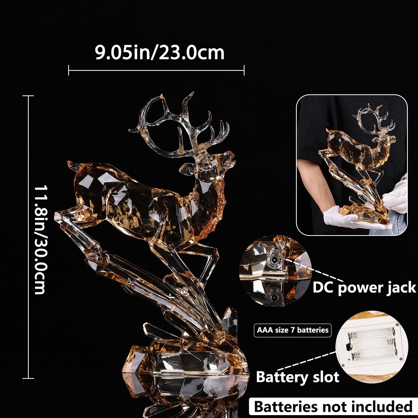 LCCCK Gold Clear Acrylic Large Deer Figurine, 11.8" Tall Reindeer Christmas Decoration, High End Deer Statue with Glass-Like Crystal Finish, for Christmas Indoor Table Top or Gift -with LED Light
