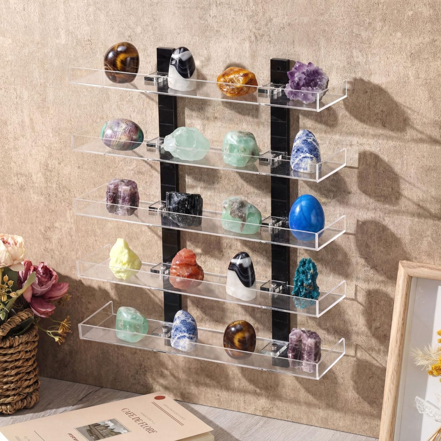 Novabright 5 Layer Acrylic Clear Rock Display Shelves for Wall Floating Shelves Organizer for Stone Collection 11.8" Rock Display for Stone Minerals Gemstones Crafts Figure Perfume for Living Room