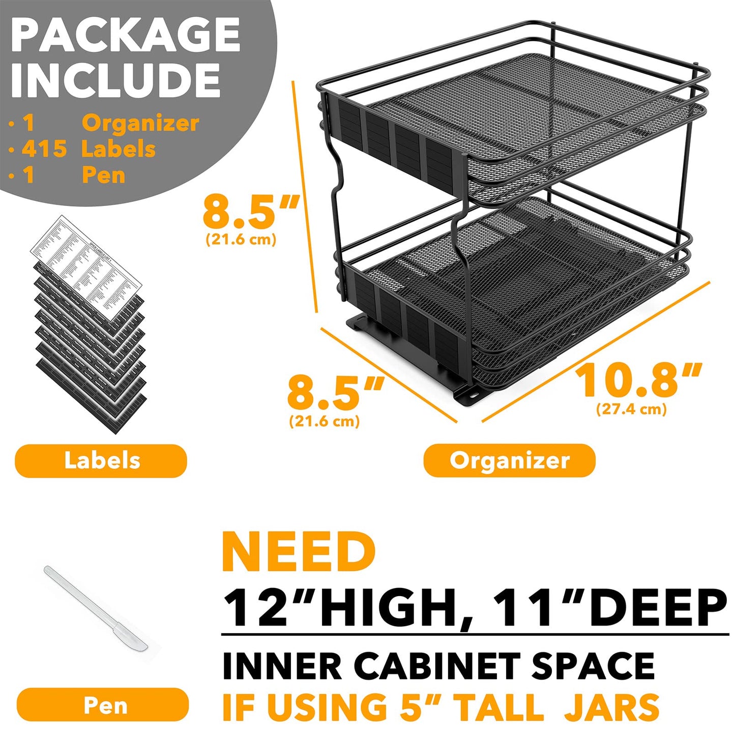 SpaceAid Pull Out Spice Rack Organizer for Cabinet, Heavy Duty Slide Out Seasoning Kitchen Organizer, Cabinet Organizer, with Labels, 4.5" W x10.75 D x8.5 H, 1 Drawer 2-Tier