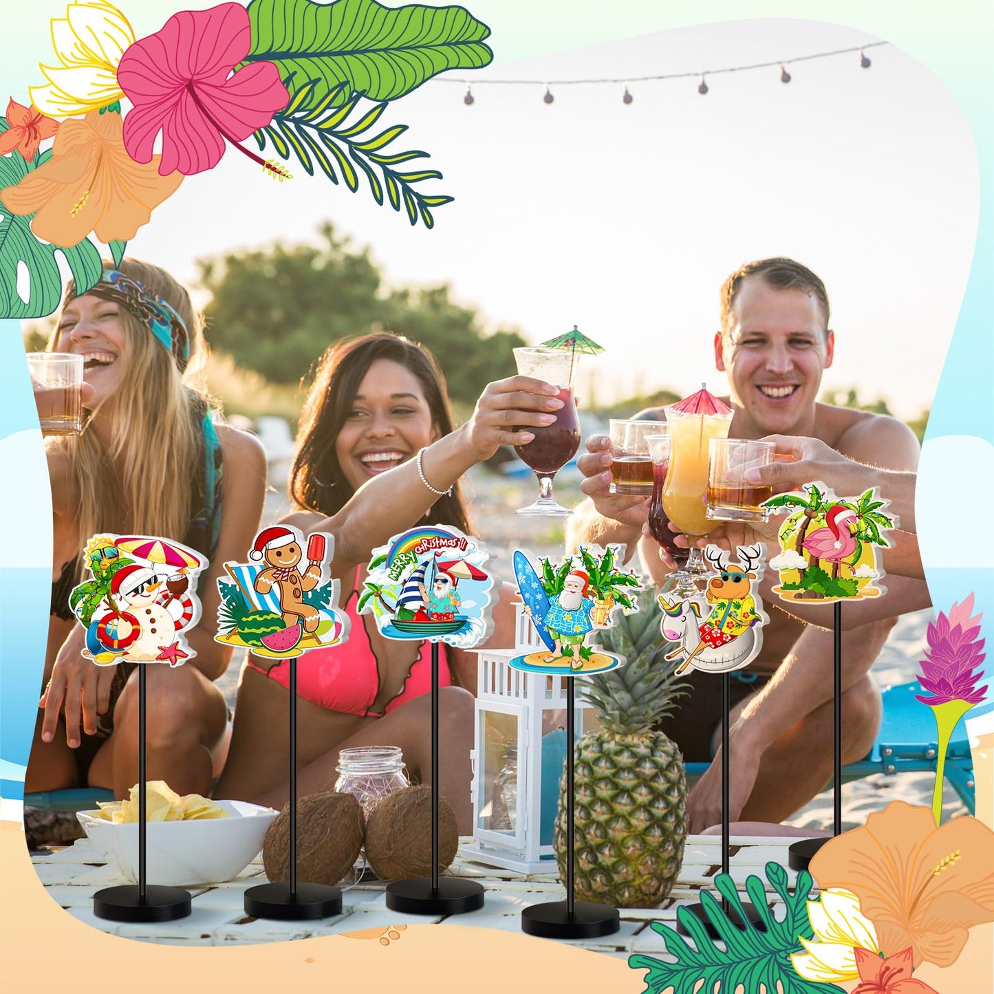 DoubleFill 6 Pcs Christmas Table Decor Standing Signs Hawaii Decoration for Table Centerpieces Wooden Sign Santa Flamingo Palm Tree Beach Party Tabletop Decor for Home Office Room Desk
