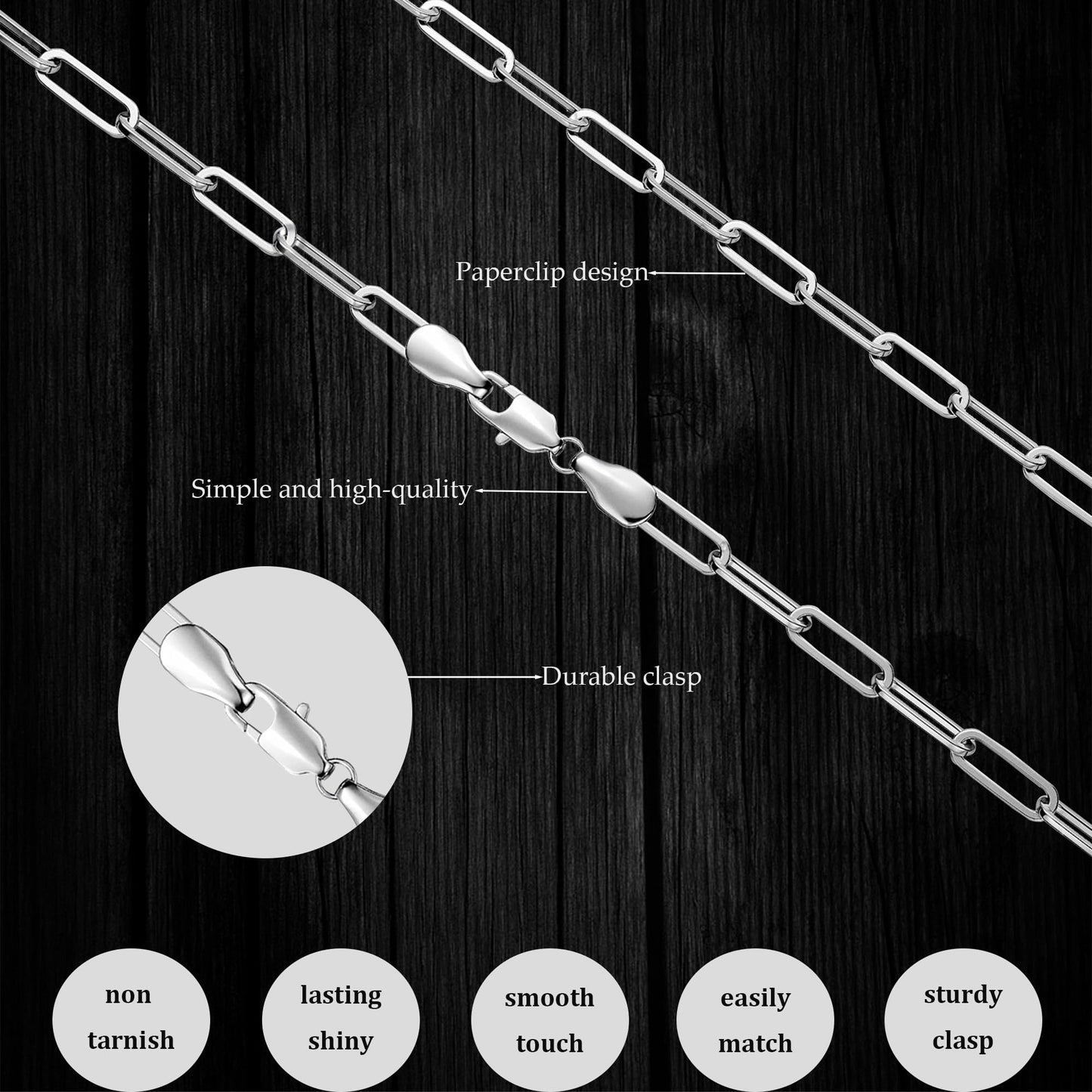 MBW Silver Simple Paperclip Chain Necklace, Dainty Sterling Silver Choker Necklace for Women Trendy 18in Waterproof Minimalist Thin Link Necklace Jewelry Gifts