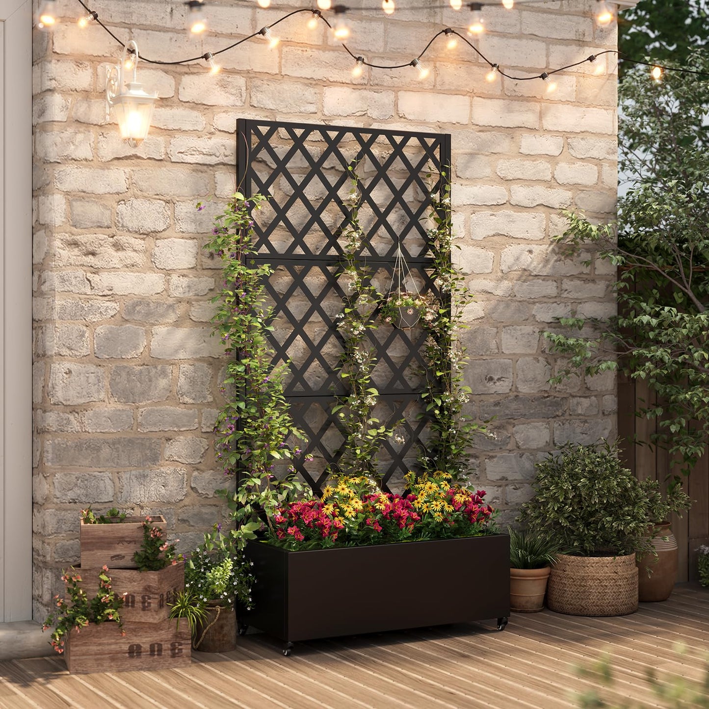 Metal Planter Box with Trellis,72"x35"x15",Galvanized Raised Garden Bed Trellis Outdoor Planter with Privacy Screen & Wheels and Drainage Holes,for Patio Climbing Vegetables,Flowers,Vines,Black