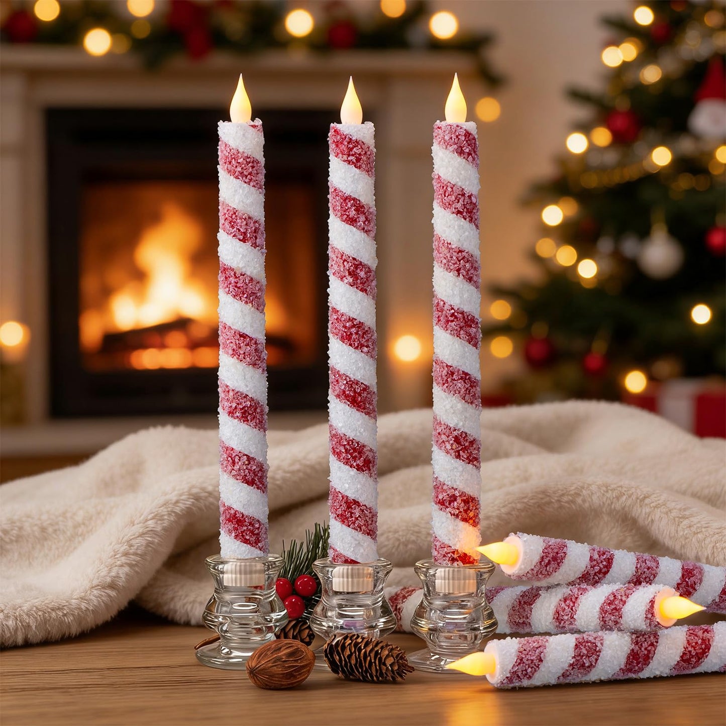 IUJOCQL 6 Pcs 10.6 Inch Christmas Flameless Taper Candles, Candy Cane Red & White Stripes Flickering LED Candles Battery Operated for Xmas Centerpiece, Holiday Party, Wedding, Home Decoration