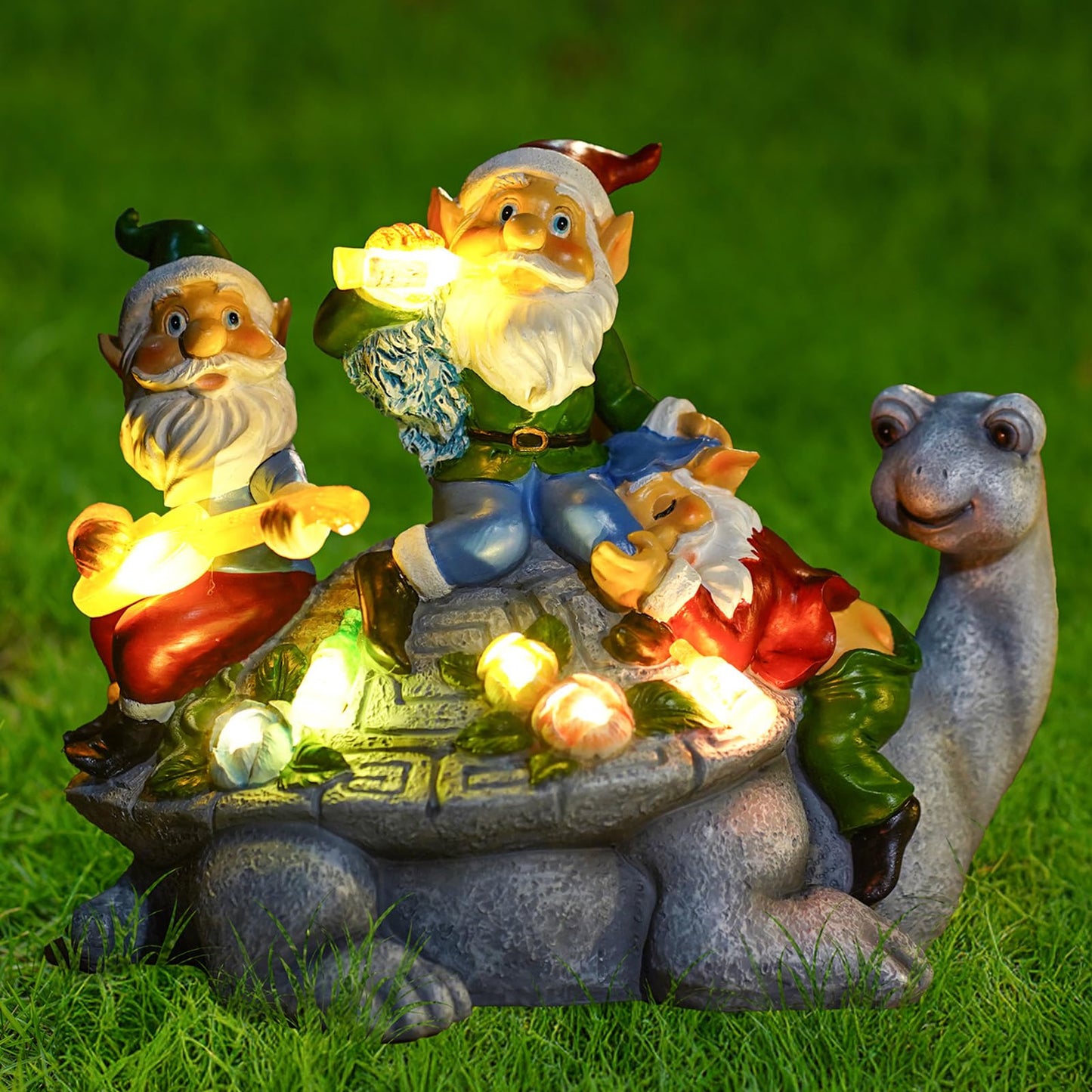 NATASE Solar Garden Outdoor Statues Gnome Turtle Three Gnomes Having Party on Turtle with 7 LED Lawn Decor Outside Decorations for Patio, Balcony, Yard Ornament Unique Garden Gift