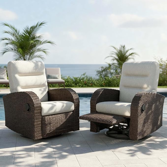 Outdoor Swivel Recliner Chair Set of 2, All-Weather Wicker Reclining Patio Chair with Adjustable Backrest and Footrest
