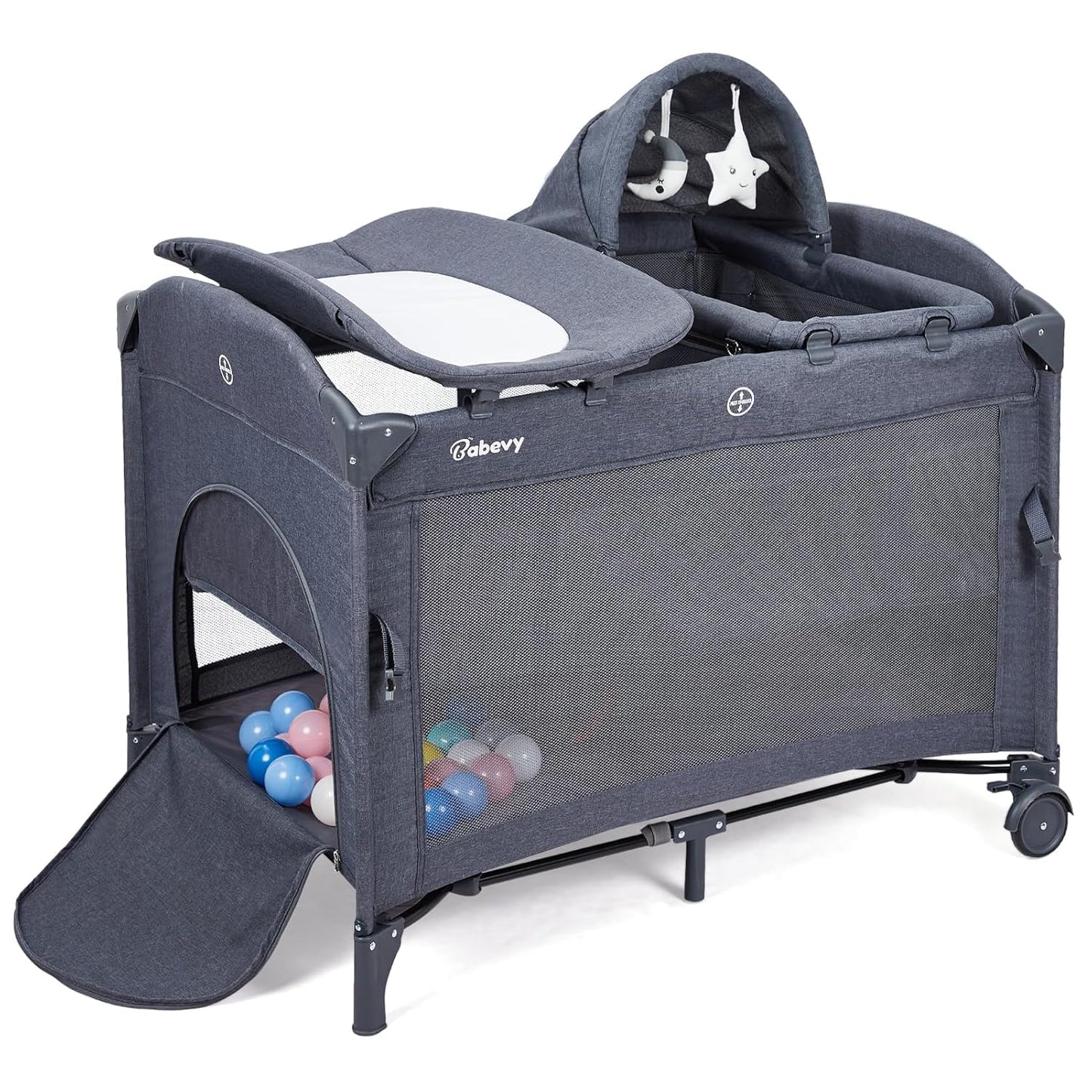5 in 1 Pack and Play Bedside Sleeper with Bassinet, Diaper Changer & Hanging Toy, Portable Crib Nursery Center for Newborns to Toddlers, Grey