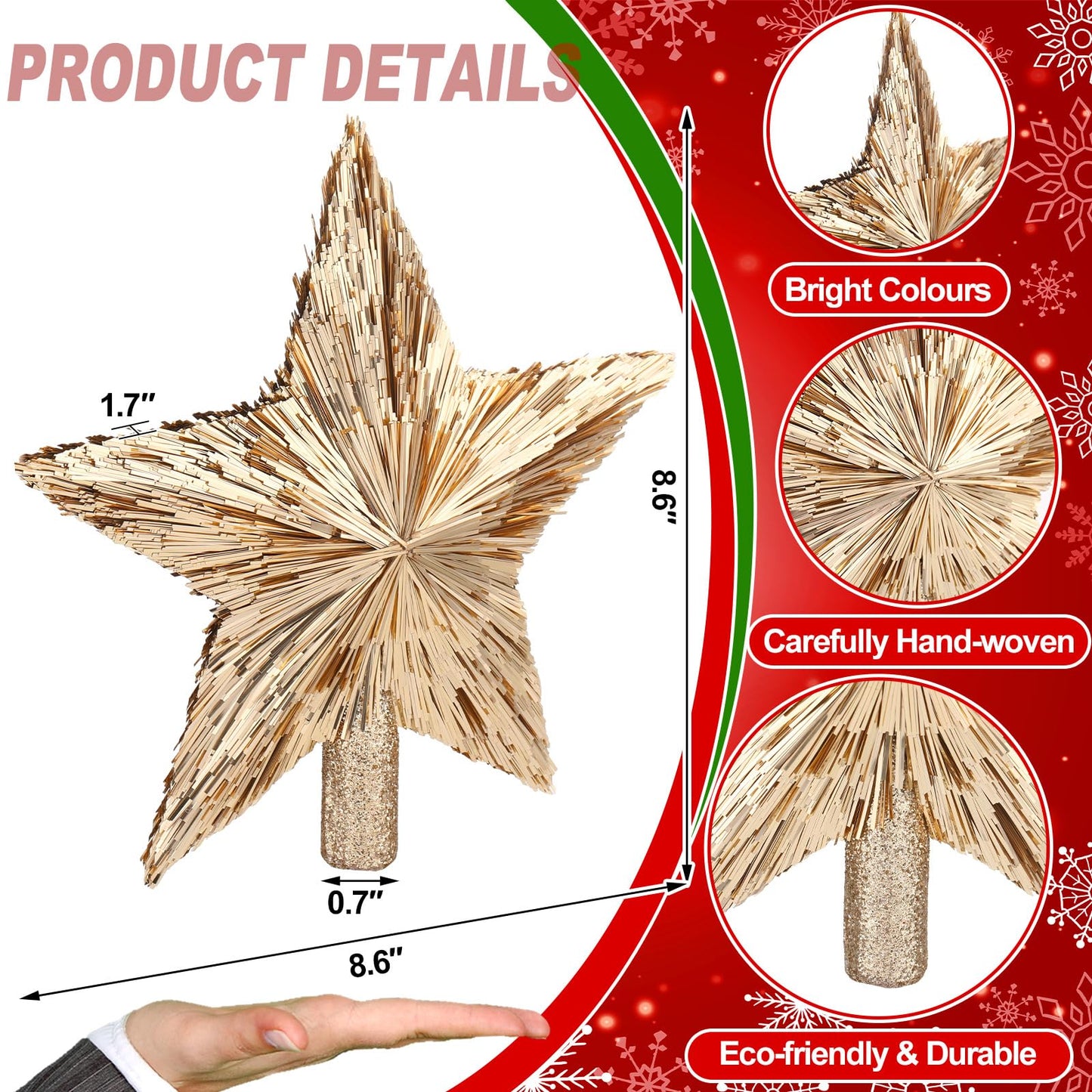 Gejoy 8.6 Inch Christmas Star Tree Topper Champagne Gold Star Tree Topper Glitter Xmas Tree Top Ornament Estrella para Arbol De Navidad for Christmas Tree Decorations Xmas Party Home Office Decor