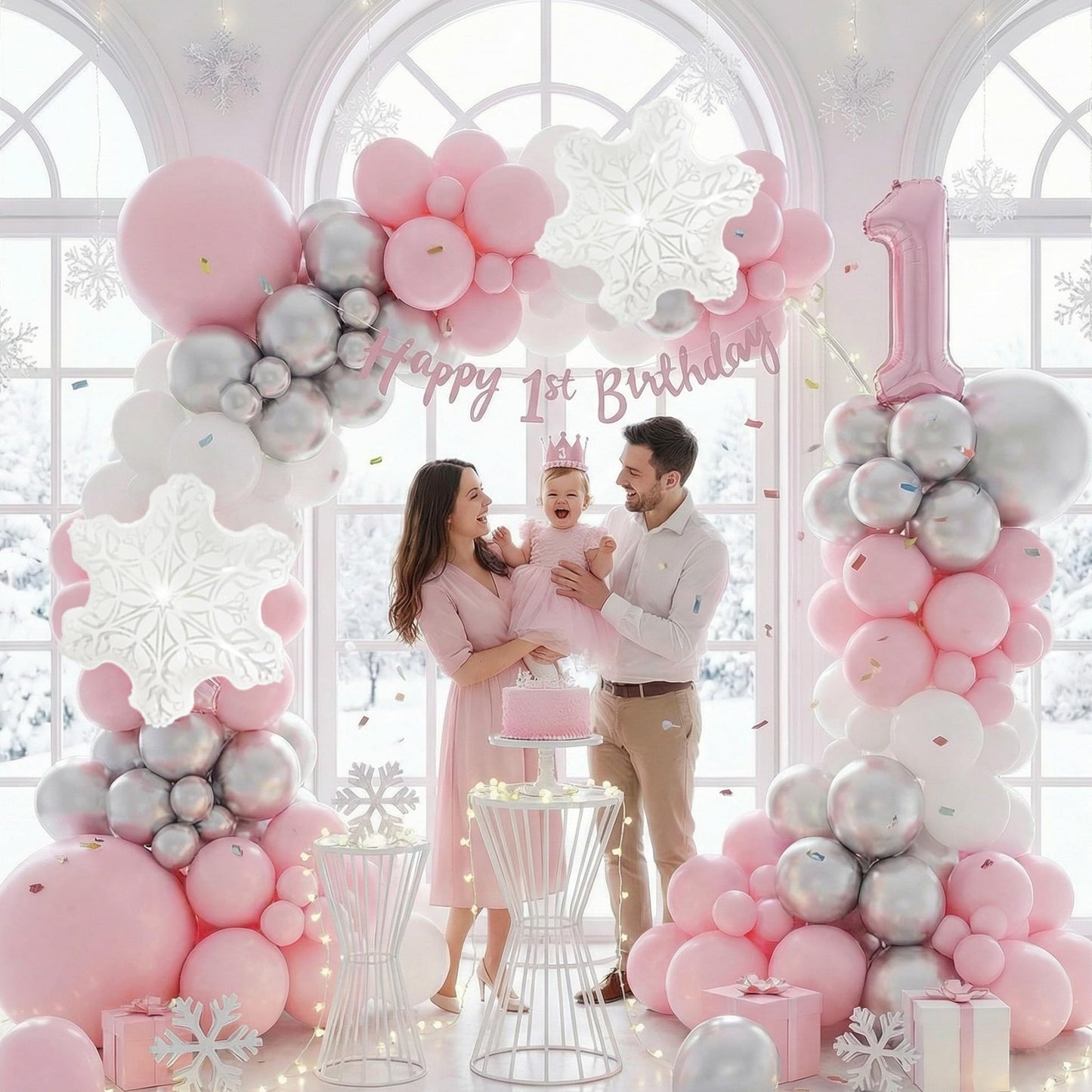 PartyXpress 144PCS Pink Winter Balloon Arch Garland Kit with White Silver Snowflake Star Balloons for Winter Wonderland Girl Baby Shower, Baby Its Cold Outside Party, Christmas Decorations
