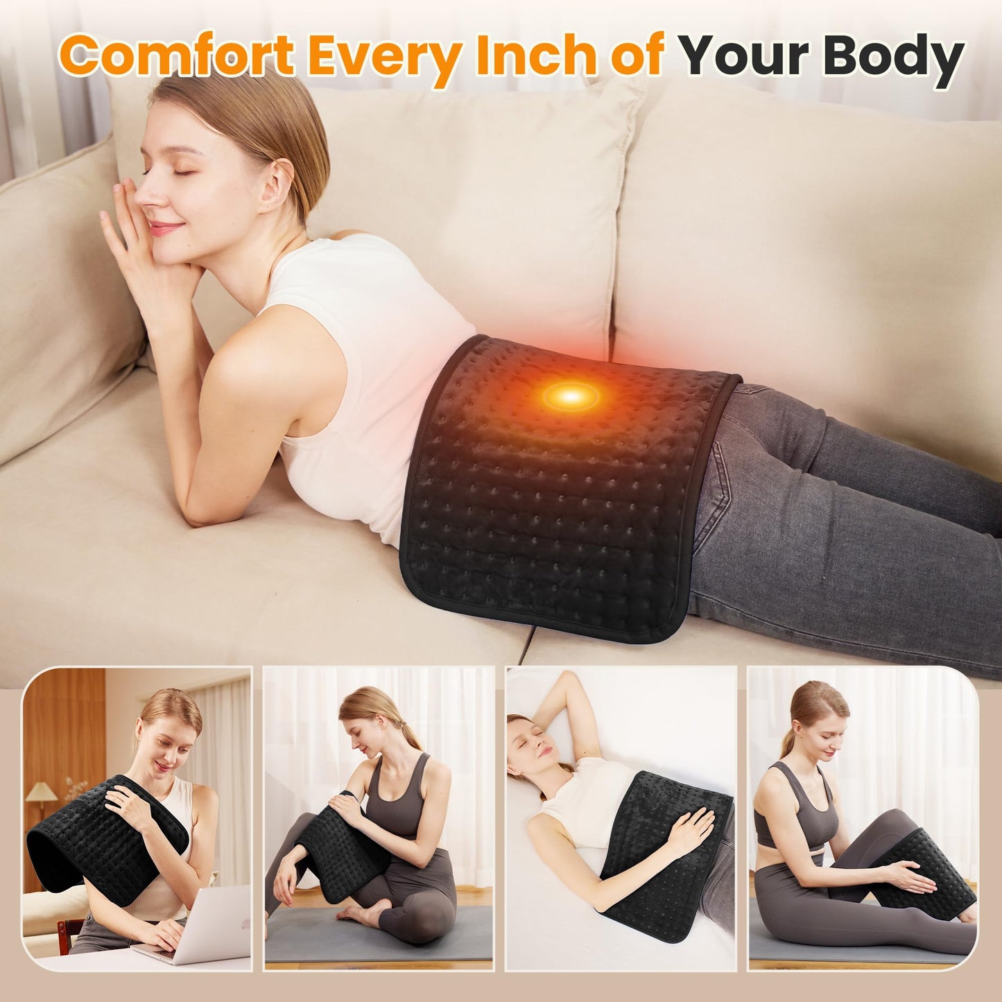 Electric Heating Pad for Back Pain Relief & Cramps - 6 Heat Settings,Auto Shut Off,Moist Heat Options,Portable Heated Pads for Neck/Shoulder Machine Washable Gift for Men Women,Grey,12"x24"