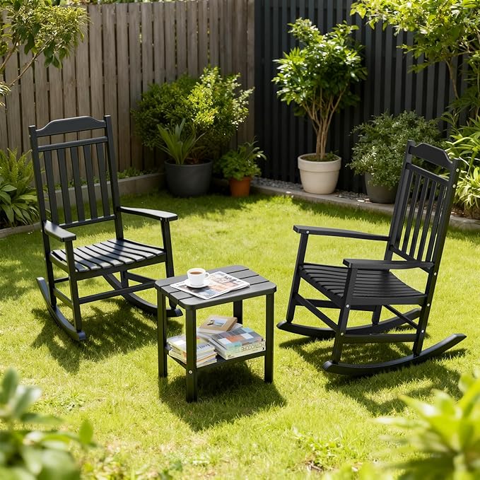 5 Piece Outdoor Rocking Bistro Set, Rocking Chairs Outdoor Furniture, Resin Waterproof Sun-Proof Patio Furniture Set for Garden, Pool, Backyard（5, Black）
