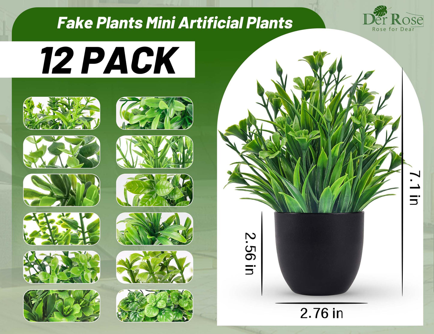 Der Rose Fake Plants 12 Pack Artificial Plants Small Faux Plants in Black Pot for Bathroom Home Office Table Decor Indoor