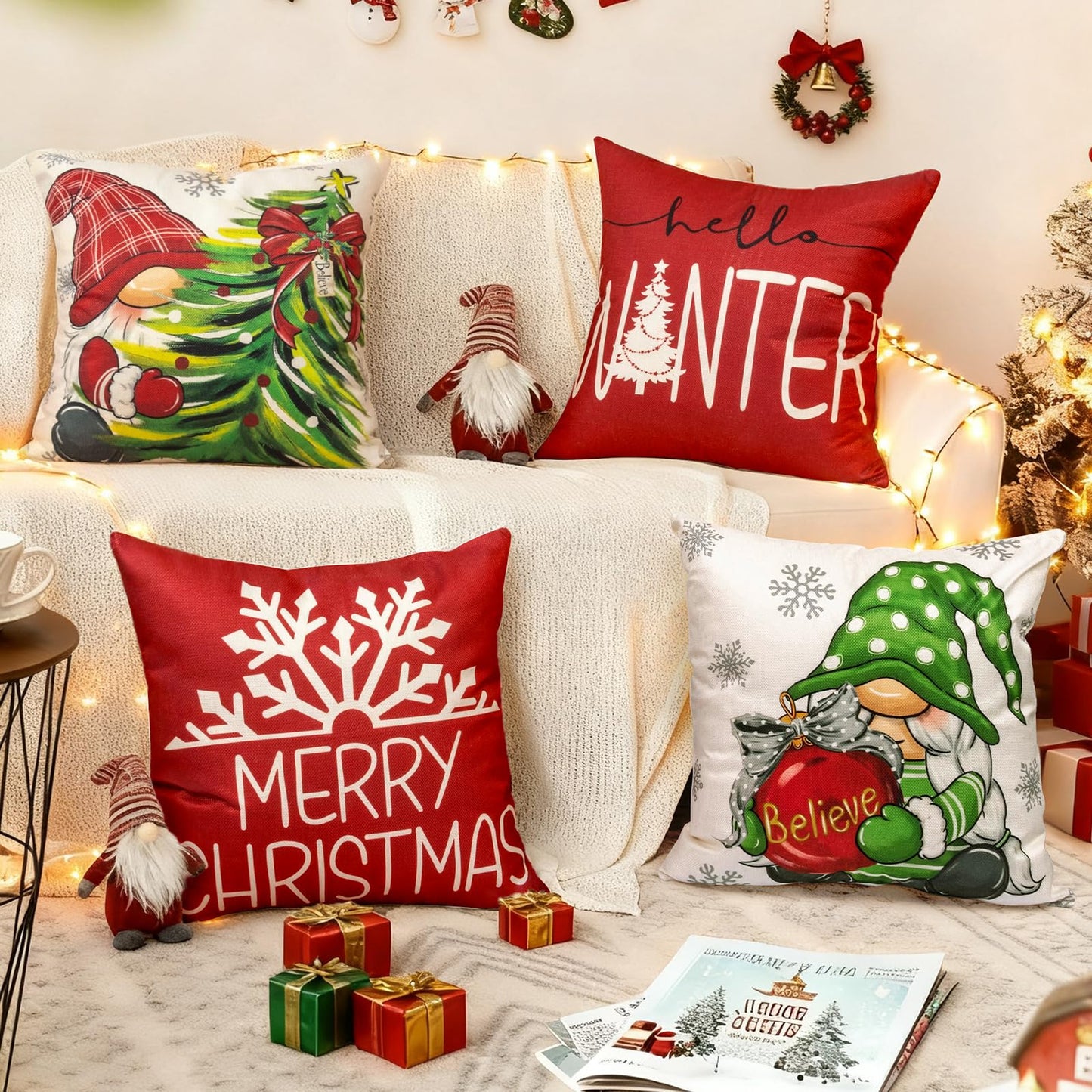 Aursaos Merry Christmas Hello Winter Holiday Pillow Covers 18x18 Set of 4, Red Gnome Green Tree Snowflake Decorative Throw Pillow Case for Couch Sofa Living Room