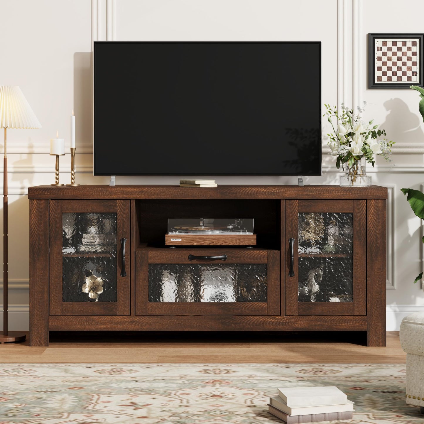 IDEALHOUSE TV Stand for 65 Inch TV, Farmhouse Entertainment Center with Acrylic Door Storage Cabinet & Adjustable Shelves, Rustic TV Console Table for Living Room Bedroom, Brown