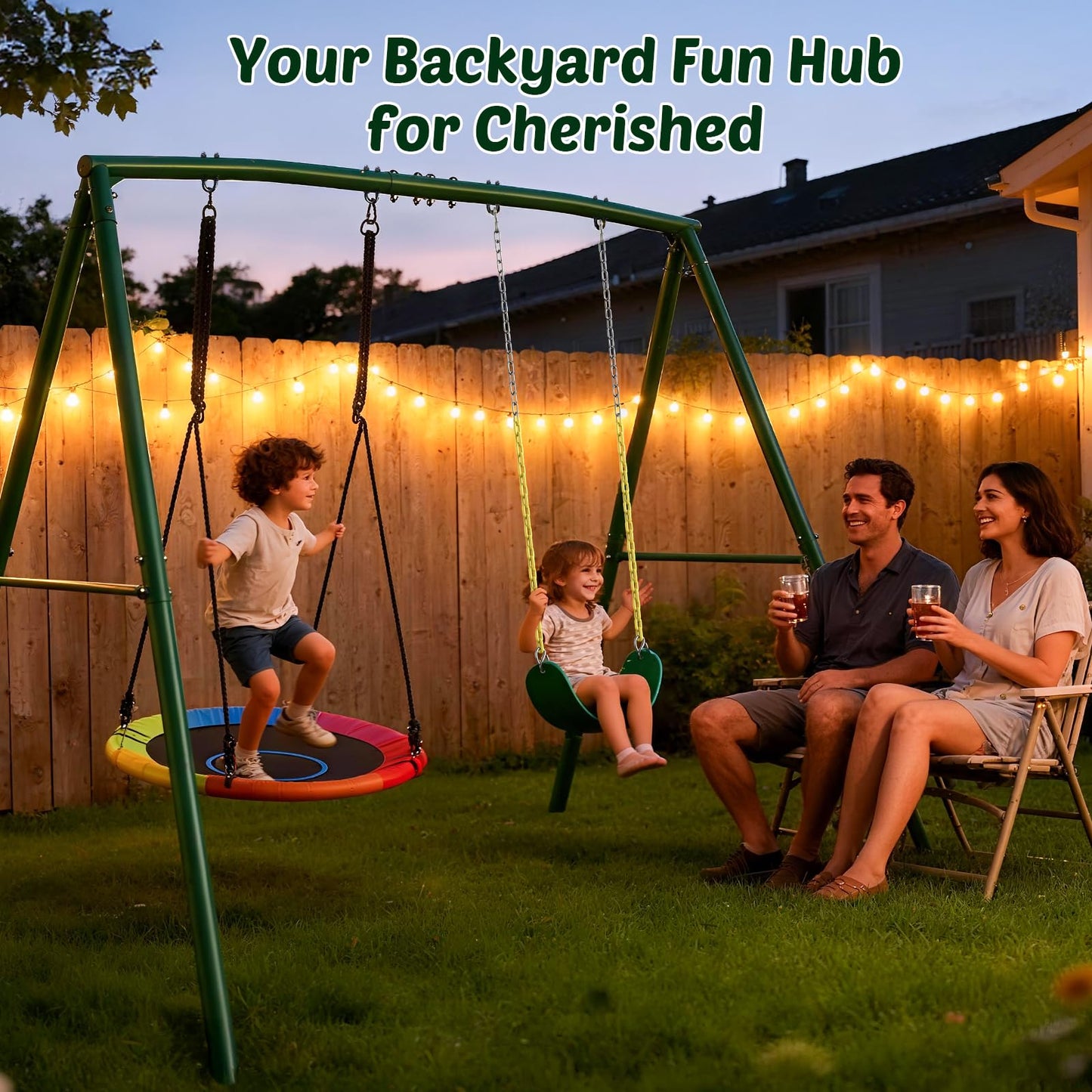 Trekassy 440lbs Capacity Swing Sets for Backyard - 2 Seat Outdoor Playset with Saucer & Belt Swing, Heavy-Duty A-Frame Metal Stand for Kids Family Fun (Patented)