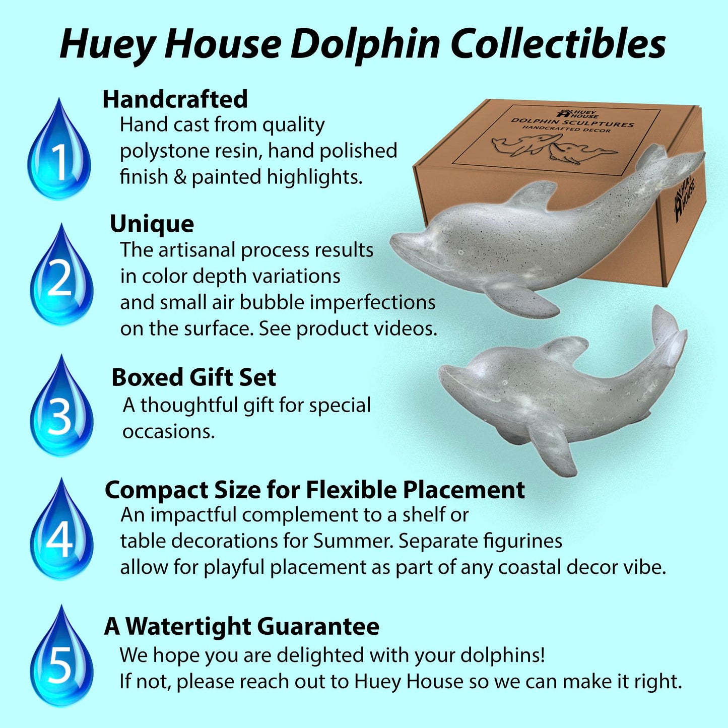 Huey House Dolphin Sculptures Set of 2, Gray Resin Coastal Shelf Decor