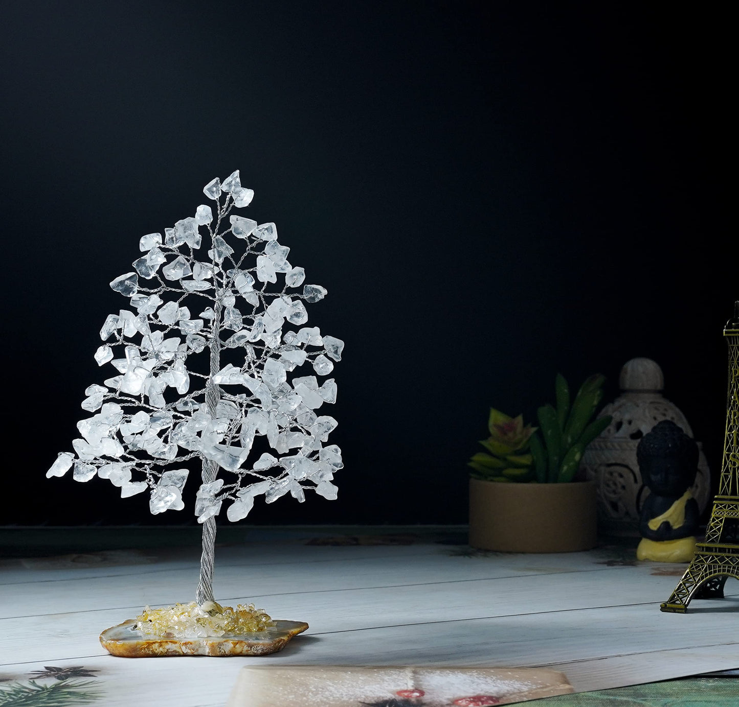 Crocon® Clear Quartz Crystal Wire Tree with Agate Slice Base - Home Decoration, Crystal Gifts, Birthday Gifts for Women & Men, Wedding, Anniversary, House Warming Gift for Her, Mum, Sister & Grandma