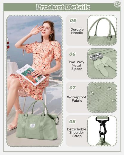 Travel Duffel Bags for Women Mens Waterproof Weekender Carry on Bag Sports Gym Bag Travel Tote Bags with Wet Pocket Overnight Bag Workout Duffel Bags with Trolley Sleeve Grey Green