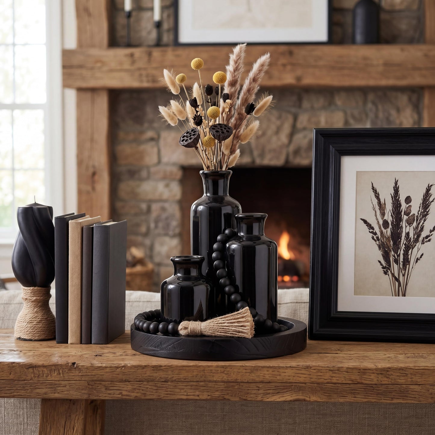 Tiangrid 5 Pcs Rustic Tabletop Centerpieces Decor Set of 3 Boho Ceramic Vases with Wooden Serving Tray Wood Bead Garland Tassels Table Holder for Home Decorations (Black)