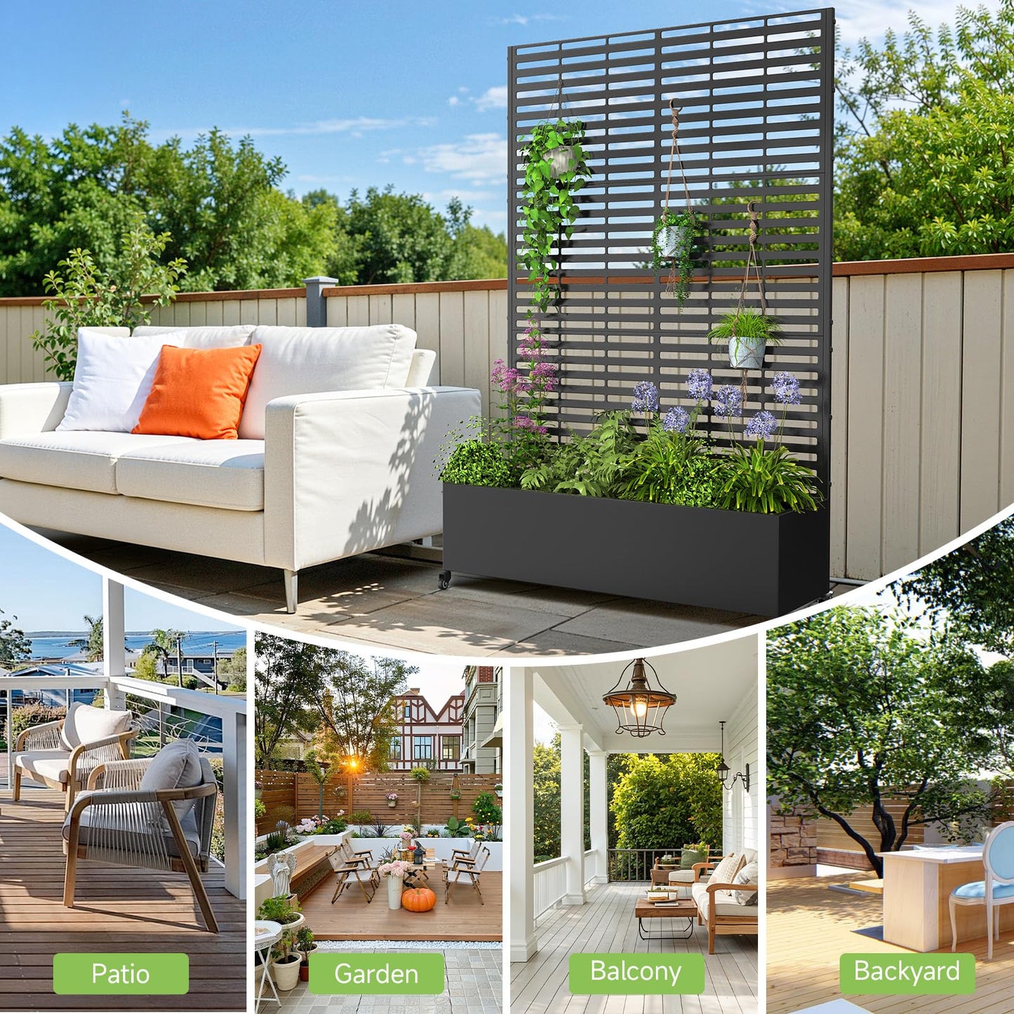 Metal Raised Garden Bed with Trellis and Wheels, 73" x 47" x 16" Planter Box with Trellis with Drainage Holes, Privacy Planters for Patio with Privacy Screen for Climbing Plants Flower Vegetables