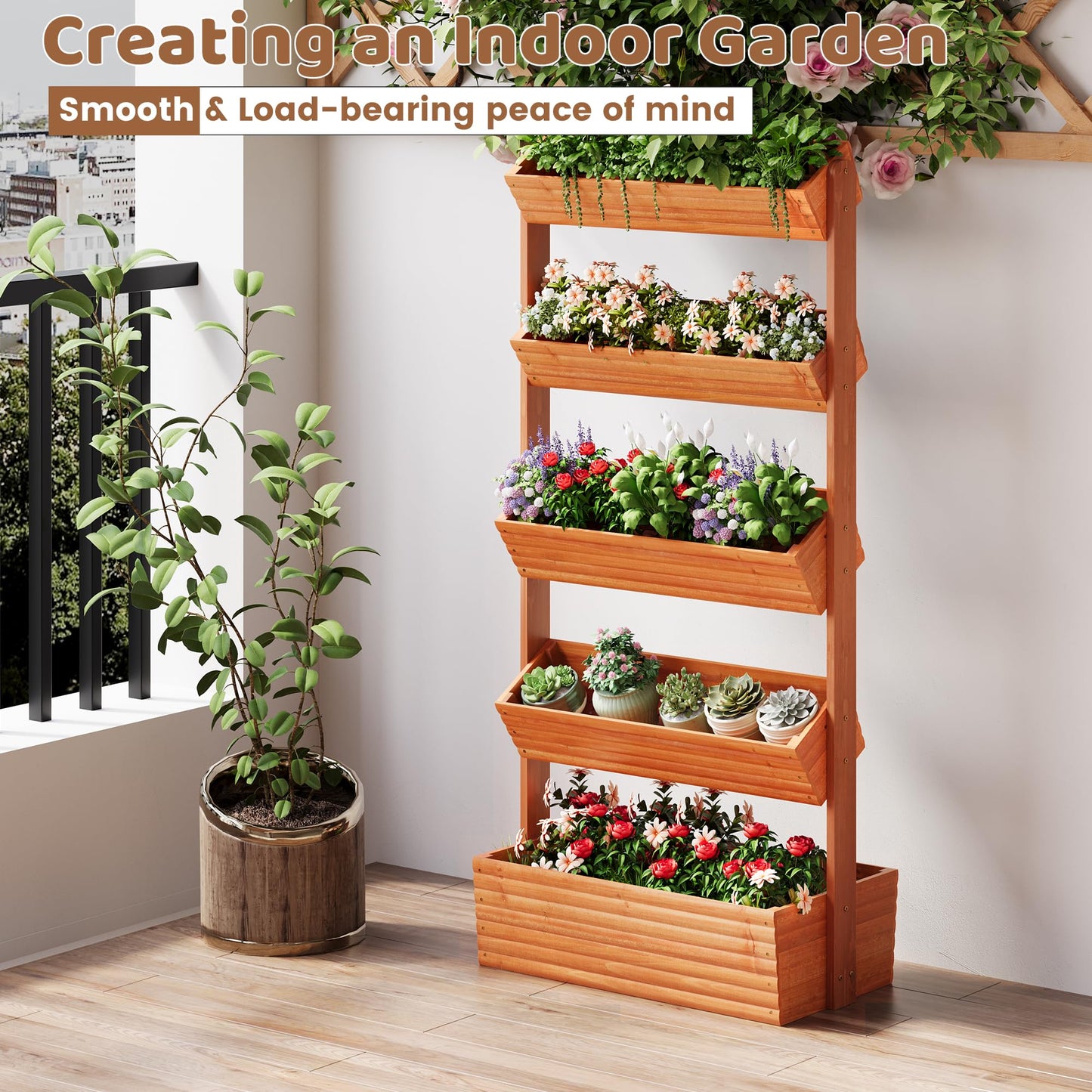 FILWH Wooden Raised Garden Bed Vertical Planter Box, Freestanding Plant Stand for Indoor Outdoor Plants, Herbs, Flowers, Vegetables, Gardening (Reddish Brown, 5-Tier，29.9 x 17.9 x 68in)