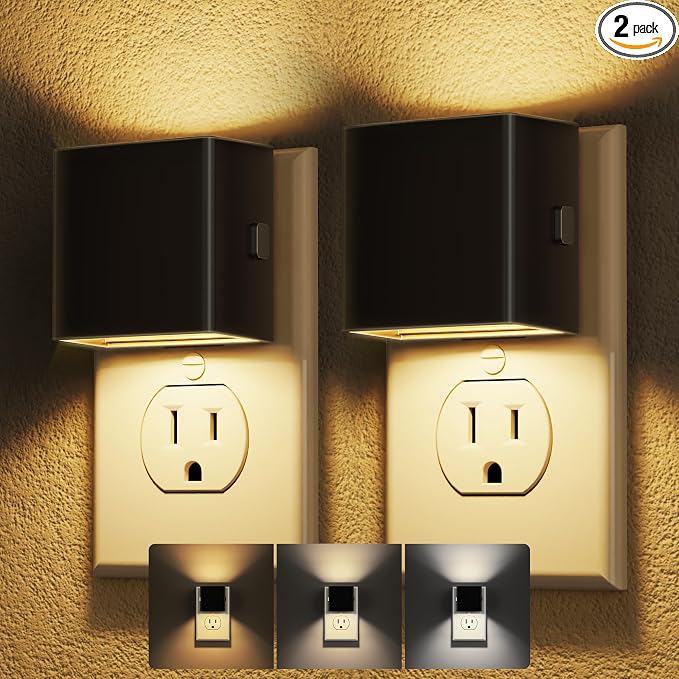 DORESshop Night Lights Plug Into Wall, [2 Pack] Plug in Night Light with 3 Color Temperatures, Dusk to Dawn Sensor, Night Light for Hallway Bathroom Stairway Bedroom, Black