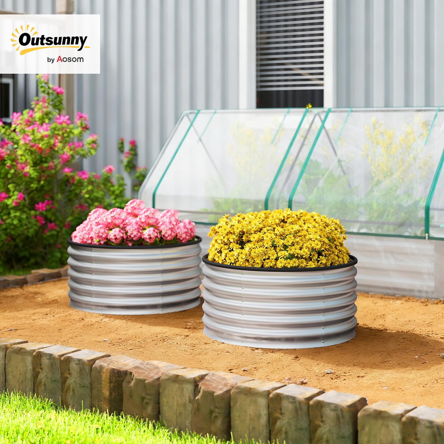 Outsunny Galvanized Raised Garden Bed Set of 2, Planters for Outdoor Plants with Safety Edging, Easy-to-Assemble Stock Tanks for Growing Flowers, Herbs and Vegetables, 3' x 3' x 1.4', Silver