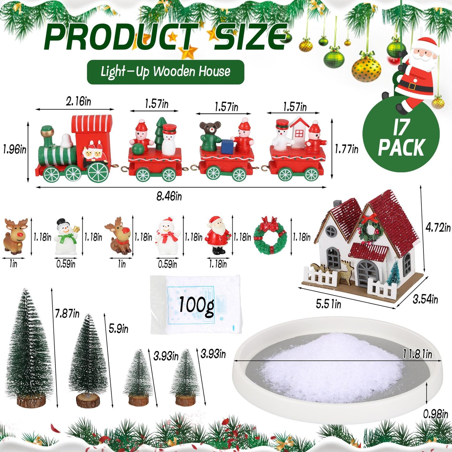 17 Pcs Christmas Centerpieces for Tables - Winter Tray Decor Set - Christmas Winter Table Top Decor Set with Ornaments - Santa Trees Train Snowman Holiday Centerpieces