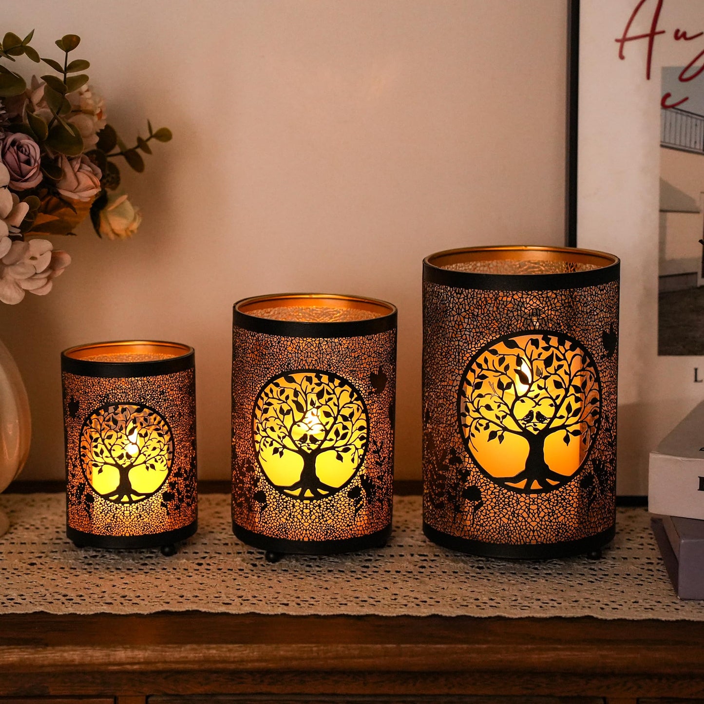TRIROCKS Tree of Life Candle Lantern 7.5" H Etched Bronze Metal Candle Holder Decorations for Living Room Tabletop Parties Patio Entryway Indoors Outdoors(3PCS)