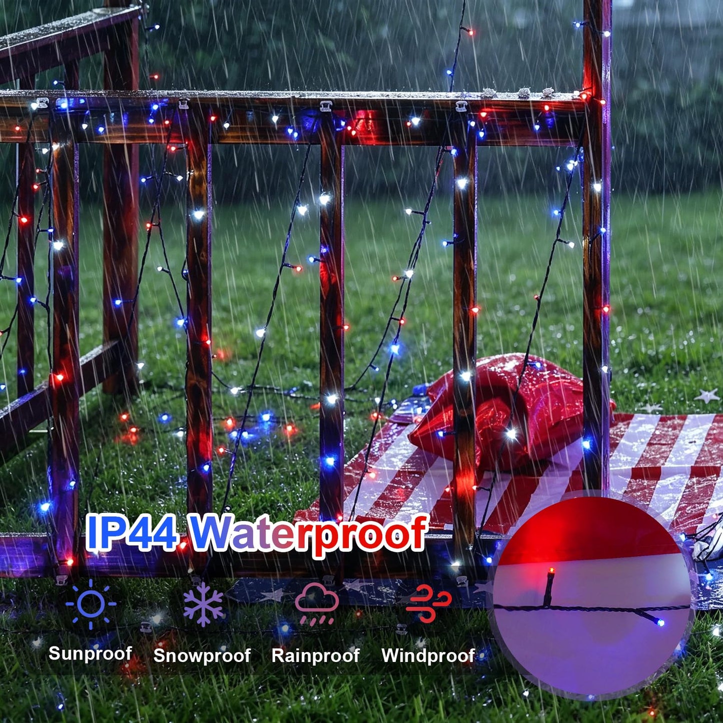 QITONG 500 LED Red White and Blue String Lights, 165ft 4th of July Decorations Lights Plug in Outdoor Indoor, 8 Modes Patriotic Light Green Wire for Independence Memorial Day Décor