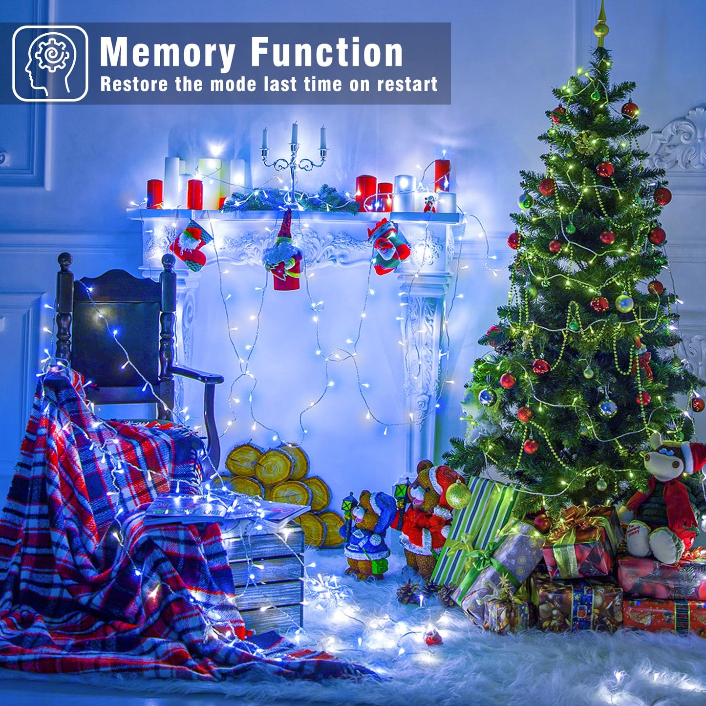 100FT 300 LED Outdoor String Lights, Plug in Connectable Christmas Lights Indoor Waterproof, 8 Modes String Lights for Outside Bedroom Home Xmas Tree Patio Yard Party Decorations, Blue and White