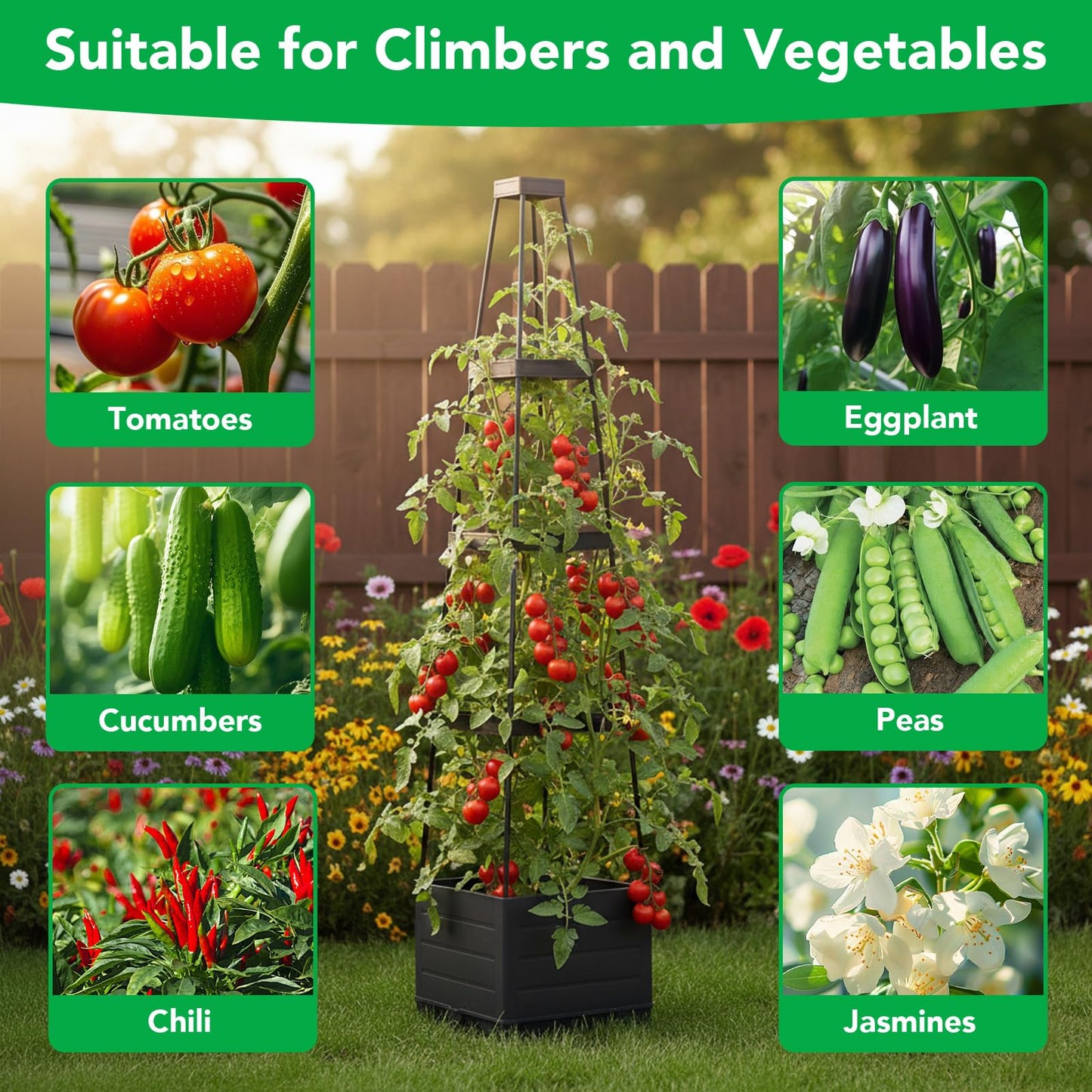 2 Pack Raised Garden Bed Planter Box with Trellis, 57" Self-Watering Tomato Planter with Trellis, Tomato Cage Plant Support for Climbing Plants Vegetable Vine Flowers Patio Outdoor Indoor