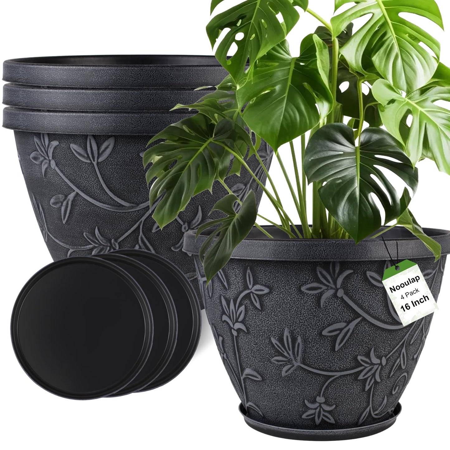 Nooulap 4 Pack 16 Inch Large Plant Pot for Outdoor, Plastic Flower Pot Indoor with Drainage Hole & Saucer, Modern Decorative Garden Pot, Imitation Magnolia Garden Pots for House Planters（Gray）