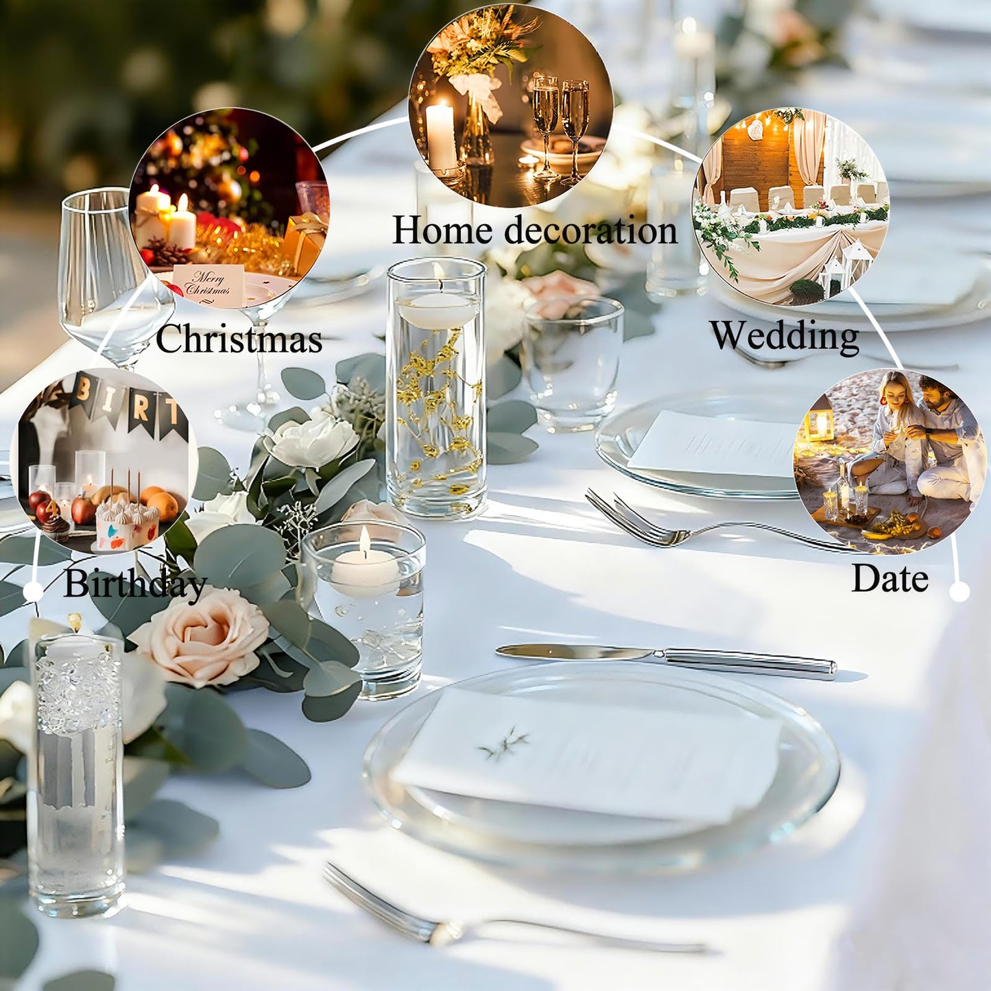 UDU 12 Set Glass Vases for Centerpieces with 24 White Floating Candles 80000 Vase Filler 6 Pearl String Party Event Home Wedding Centerpieces for Tables Decorations