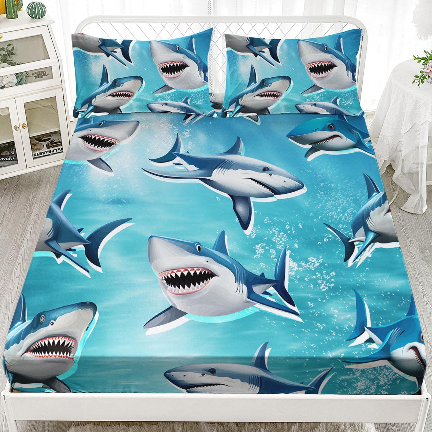 HOSIMA Teens Shark Print Fitted Sheet Set,Shark Swimming in The Underwater World Pattern Bedding Sets Full Size,Ocean Animal Theme Fitted Sheet for Kids Boys Room Decor,1 Fitted Sheet+2 Pillowcases.