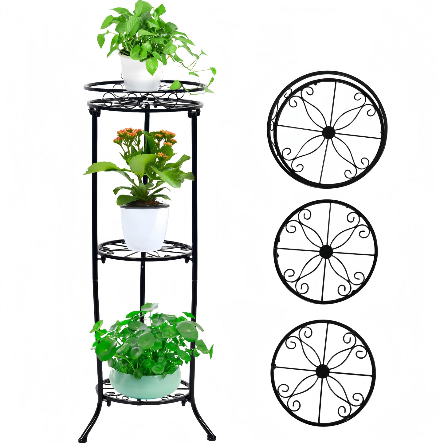 FAMZ Plant Stand Indoor Outdoor, 3 Tier Tall Black Metal Plant Stands, 35 inch Round Multiple Plant Rack Holder Rack Flower Pot Stand Heavy Duty Plant Shelf for Patio Balcony Garden Living Room