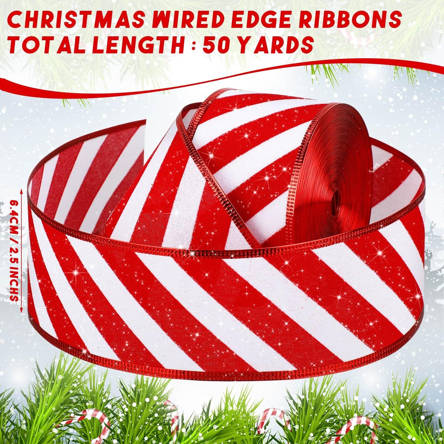 Waydress 2 Rolls Christmas Peppermint Stripe Ribbon Glitter Wired Candy Cane Fabric Wrapping DIY Craft Wide Ribbons for Christmas Tree Bow Wreath(2.5 Inch X 25 Yard)