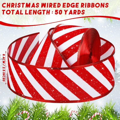 Waydress 2 Rolls Christmas Peppermint Stripe Ribbon Glitter Wired Candy Cane Fabric Wrapping DIY Craft Wide Ribbons for Christmas Tree Bow Wreath(2.5 Inch X 25 Yard)
